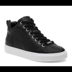 J/Slides “Leesa” Black Leather Snake Print Stamped